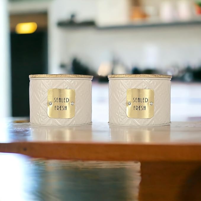 Femora Kitchen Storage Jars Tin Jar With Wooden Lid Air Tight Jar | 300 Ml | Pack of 2