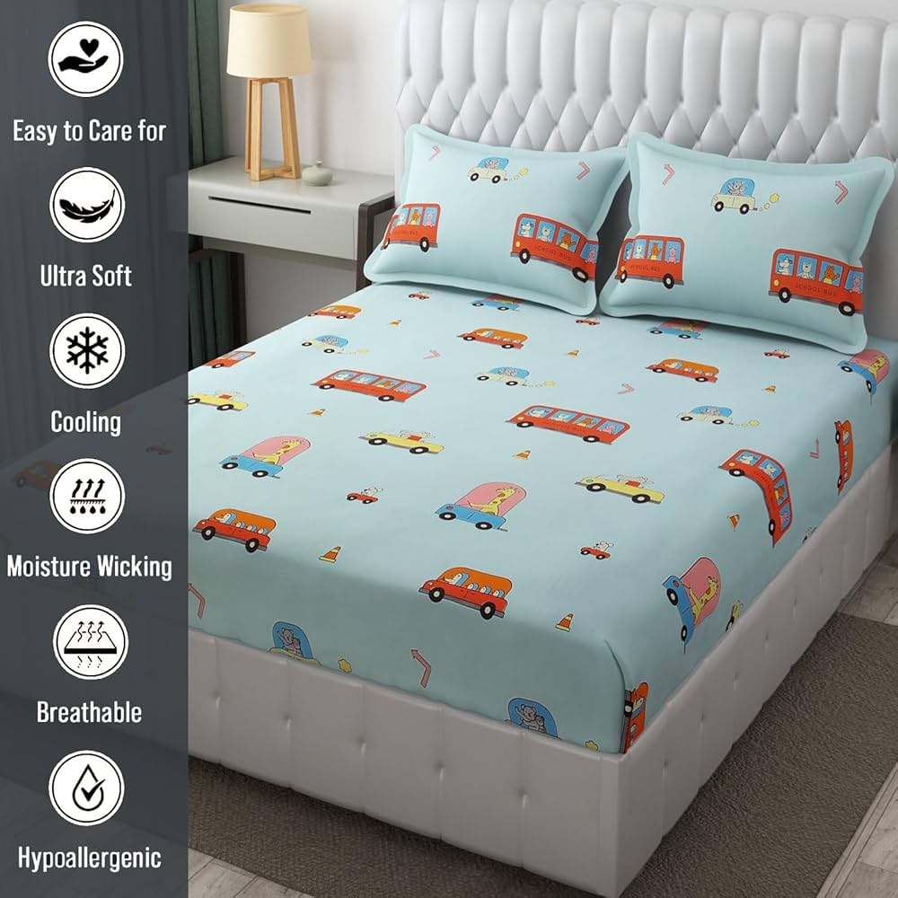 Fresh From Loom Glace Cotton Bed Sheet with 2 Pillow Cover Cartoon Printed Double Bed King Size Kids Bedsheet  144 TC Aqua