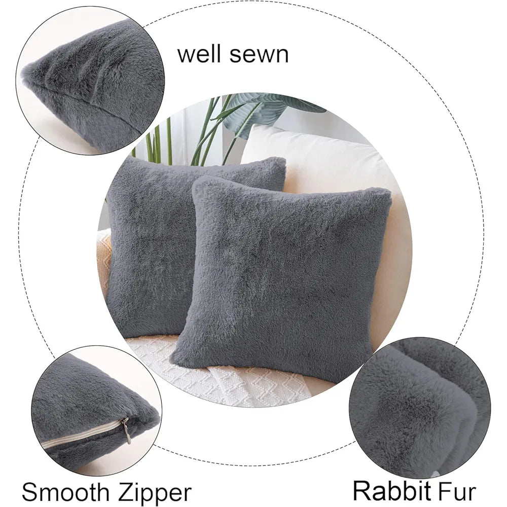 Luxe Home Cushion Cover Duble Side Rabbit Fur Plain Design Covers Set of 2 for Sofa Colour Grey
