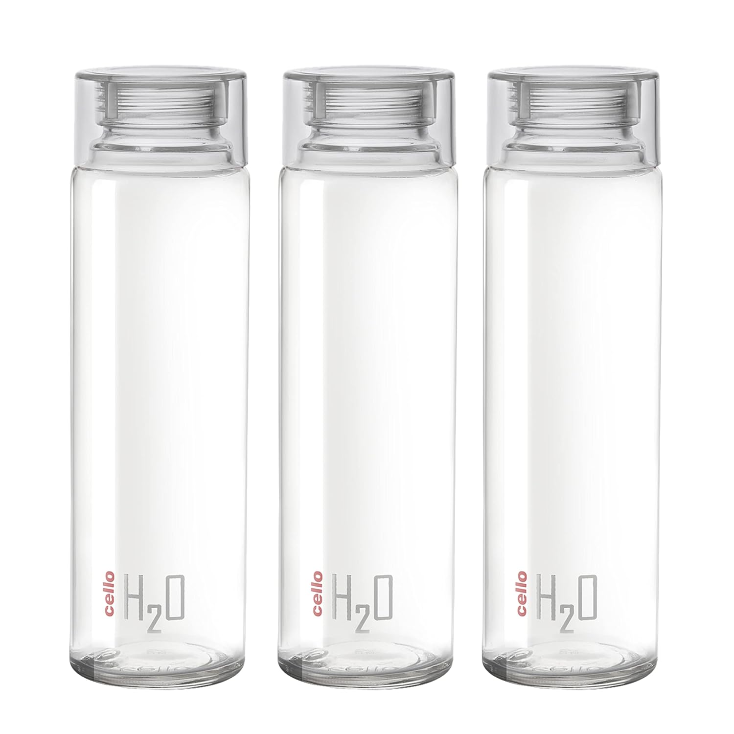 Cello H2O Glass Fridge Water Bottle with Plastic Cap | 920 ml | Set of 3 | Clear
