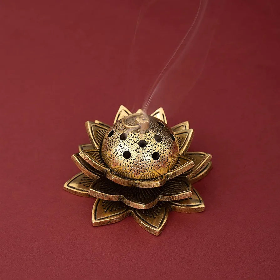 DecorTwist® Premium Brass in Lotus Design Dhoop Dani & Agarbatti Stand with Gift Box Incense Burner for puja Dhoop Dani Burner for Home Office &Temple