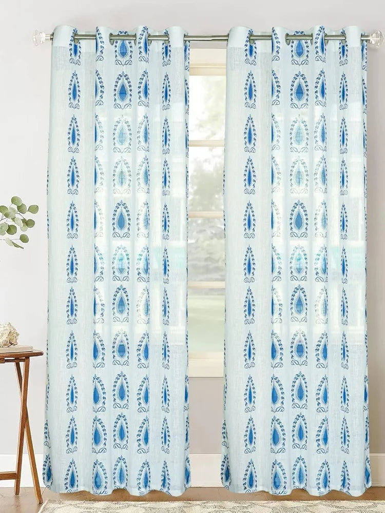 Homadorn Linen Sheer Printed Semi Transparent Curtains for Window Set of 2 Blue Motifs