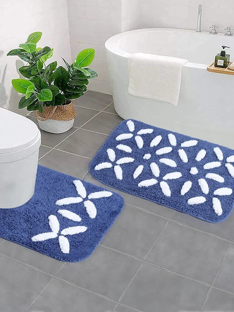 Saral Home Cotton Rectangular Bathmat With Contour Mat Colour Blue