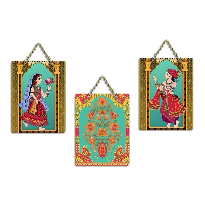 Artvibes Rajasthani Art Wooden Wall Hanging Decoration Item for Home | Set of 3