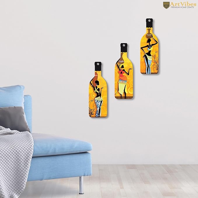 Artvibes African Women Warli Art Wooden Wall Hanging for Home Decor | Set of 3