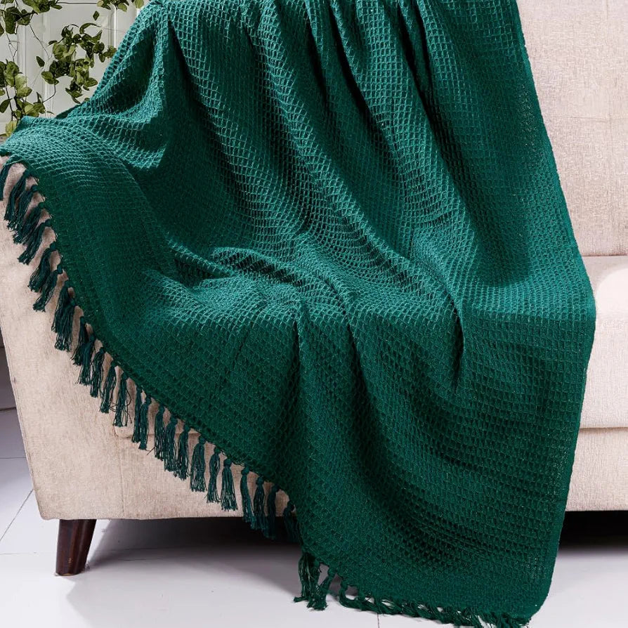 Homadorn Waffle Weave Cotton Throw Blanket Colour Bottle Green
