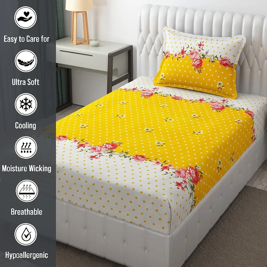 Fresh From Loom Single Bedsheet Single Size with 1 Pillow Covers 144 TC Yellow White