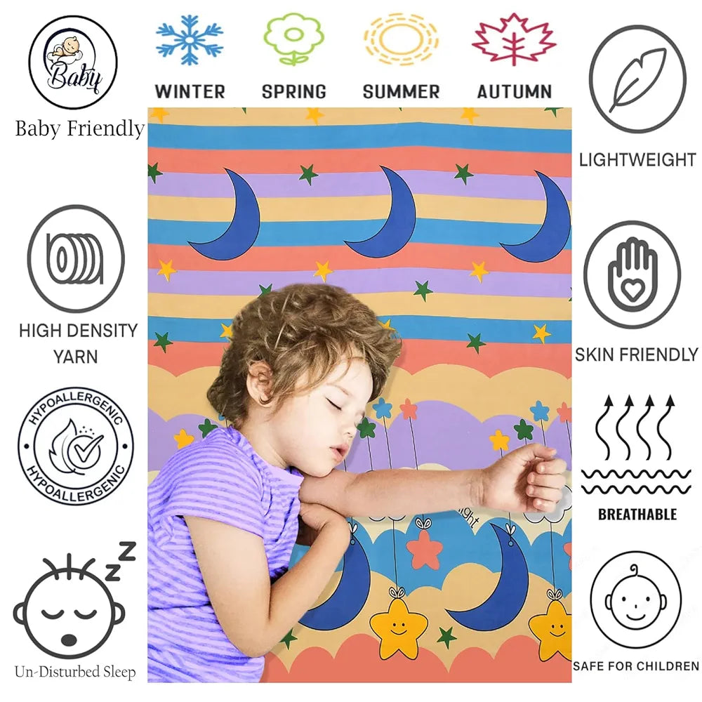 Fresh From Loom Animal 300 TC Elastic Fitted Bedsheet for Kids with Two Pillow Cover Moon Gud Night Queen Gud Night Multi Color