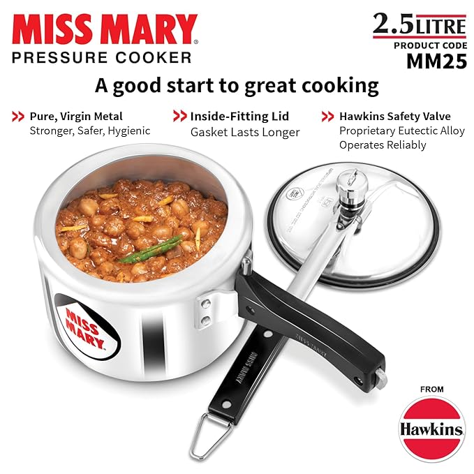 Hawkins 2.5 Litre Miss Mary Pressure Cooker Inner Lid Cooker Silver