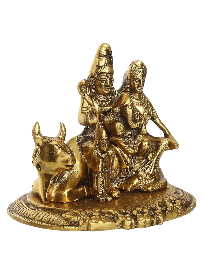 Ecraftindia Golden Metal Handcrafted Lord Shiva, Parvati, Kartik, and Ganesha Idol Sitting on Nandi Animal