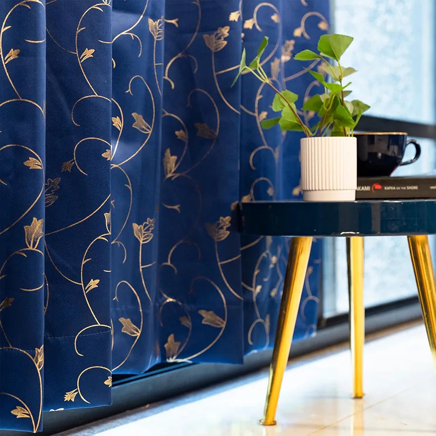 Urban Space Pure Blackout Opaque Curtains For Living Room, Gold Foil Printed Luxurious Blackout Opaque Curtains Eyelet With Tieback, 1 Piece Pack, Vine Navy Blue