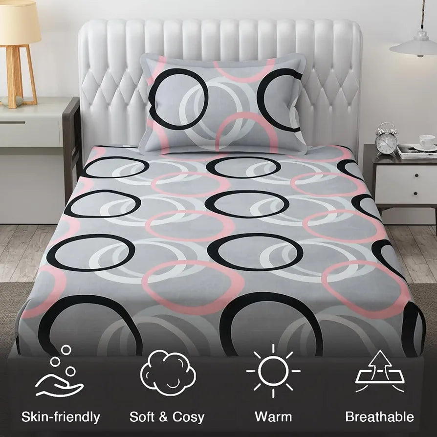 Fresh From Loom Wrinkle Free Hypo Allergenic Single Bedsheet for Single Bed Spread with 1 Pillow Covers 144 TC Circle Grey