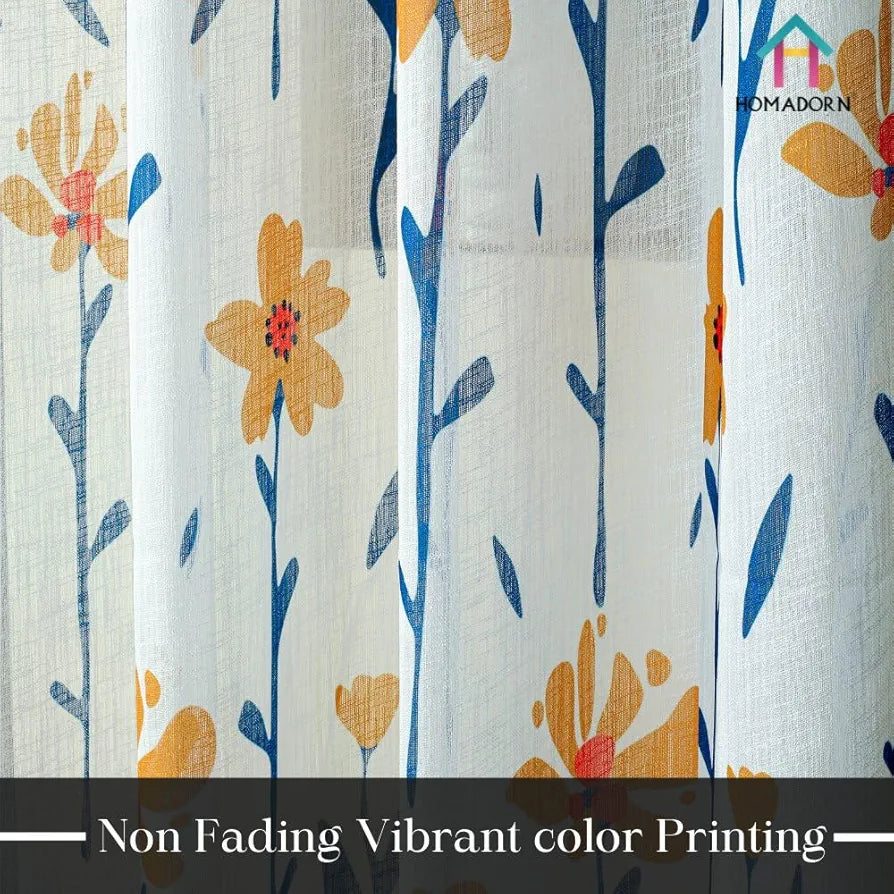 Homadorn Linen Sheer Printed Semi Transparent Curtains for Window Set of 2 Colour Yellow Sunshine