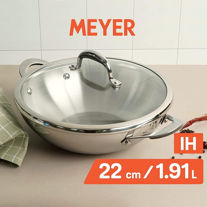 Meyer Select Nickel Free Stainless Steel Kadai with Glass Lid 22cm |1.91 Liters Silver