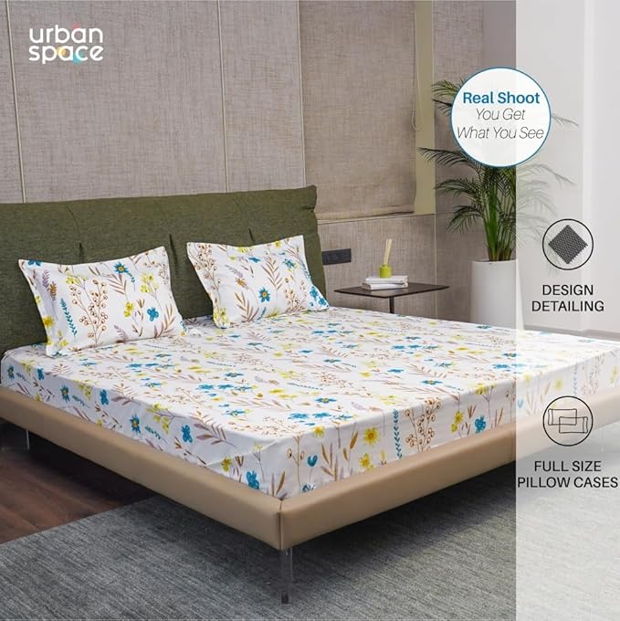 Urban Space Serene Cotton Floral Bedsheet For Double Bed 2 Pillow Covers (Colour France Blue)