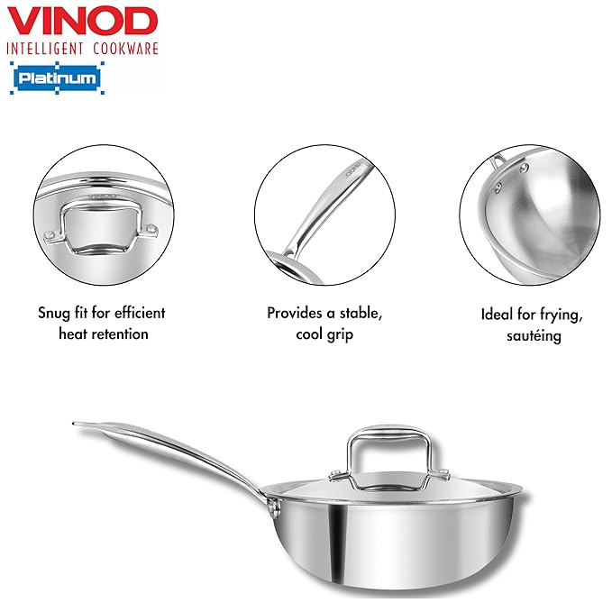 Vinod Platinum Triply Stainless Steel Frypan - 20cm | Deep Skillet Pan with Lid | Rivetted Study Handle | Induction & Gas Base