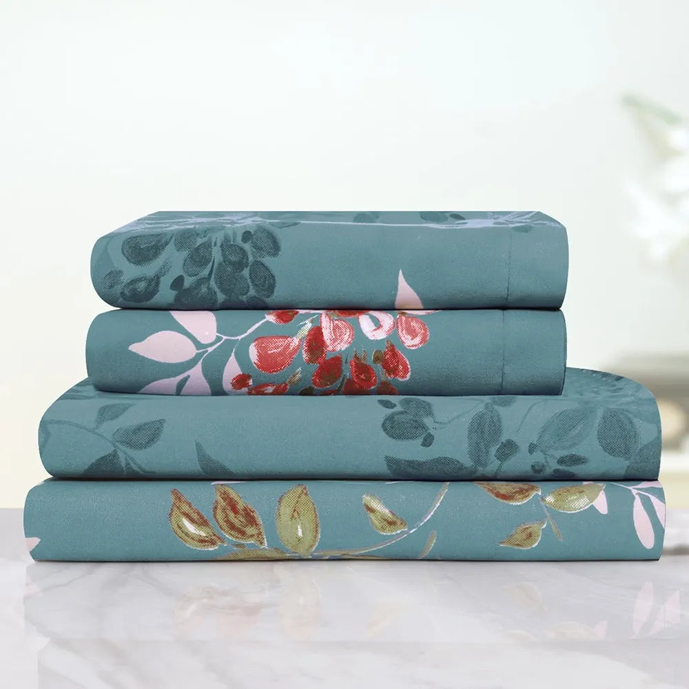 Cloth Fusion 186tc Glace Cotton Elastic Fitted Bedsheet for Double Bed King Size with 2 Pillow Covers Botanical Night