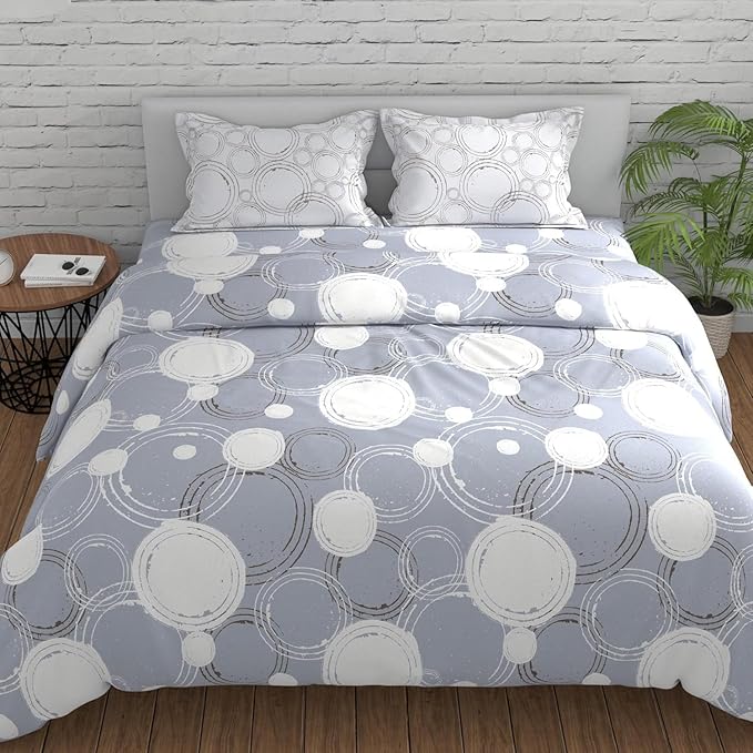 Huesland by Ahmedabad Cotton 144 TC King Size Bedsheet Cotton with 2 Pillow Covers | Sphere | Grey & Off White
