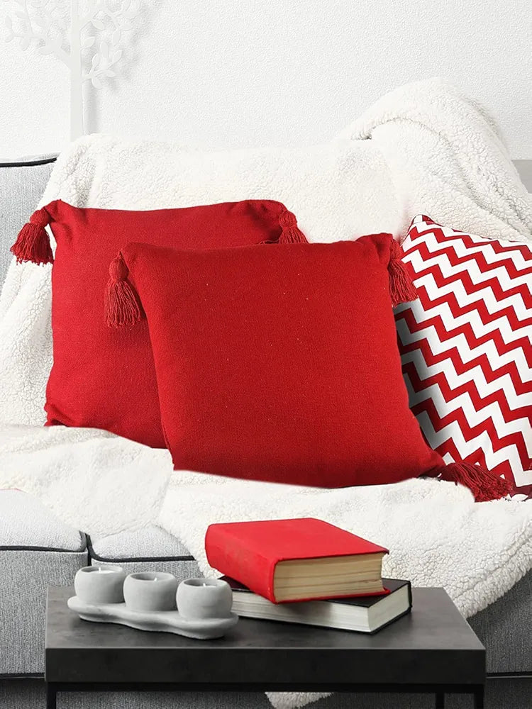 Sashaa World 100% Cotton Cushion Covers Colour Red With Tassels/decorative Throw Pillow( Set Of 2)