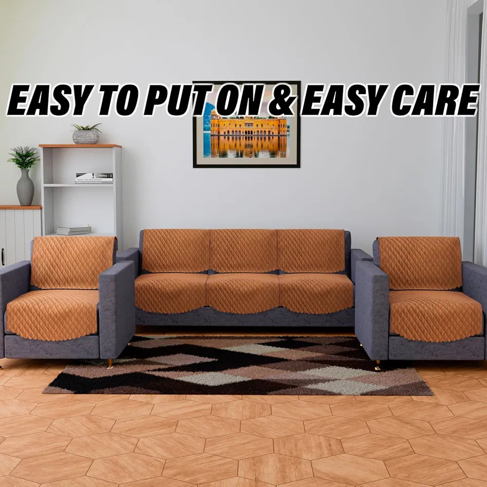 Kuber Industries Velvet Sofa Cover Set Modern Quilted 5 Seater Couch Slipcover for Living Room Brown