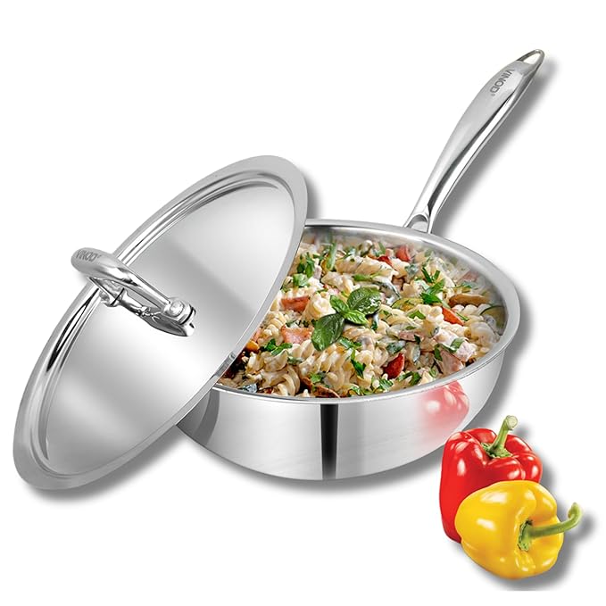 Vinod Platinum Triply Stainless Steel Frypan - 20cm | Deep Skillet Pan with Lid | Rivetted Study Handle | Induction & Gas Base