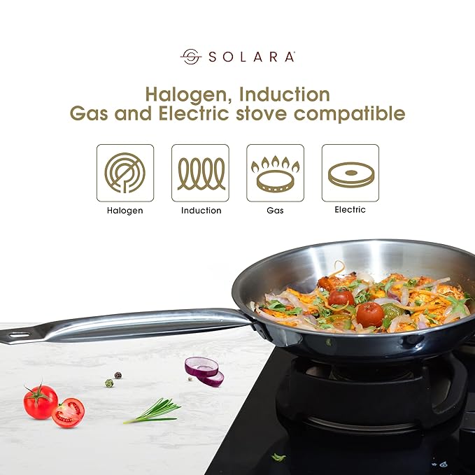Solara Triply Stainless Steel Frypan With Lid 22 Cm | Gas Stove and Induction Friendly Frying Pan | Triply Stainless Steel Cookware