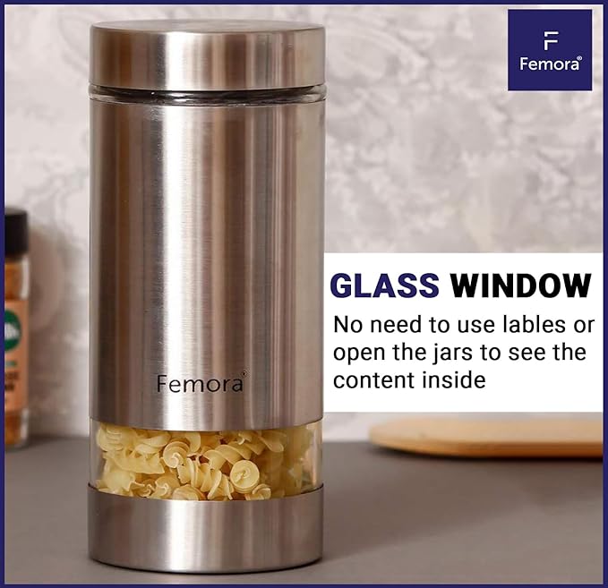 Femora Metallic Clear Glass Kitchen Storage Jar | 1000 Ml | Set of 4