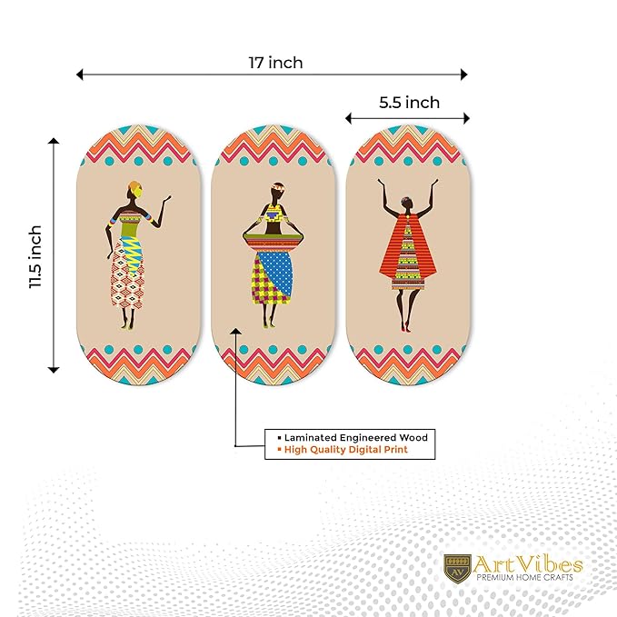 Artvibes African Women Dancing Warli Art Wooden Wall Hanger for Home | Set of 3