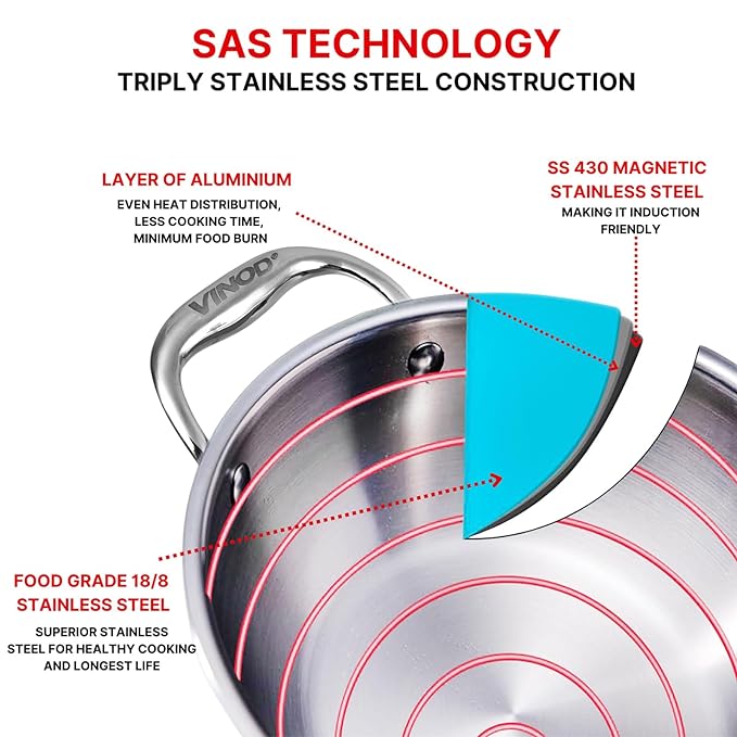 Vinod Platinum Triply Stainless Steel Kadai with lid 5.5 Litre (32 cm) | 2.5mm Thick | 3 Layer Stainless Steel Cookware