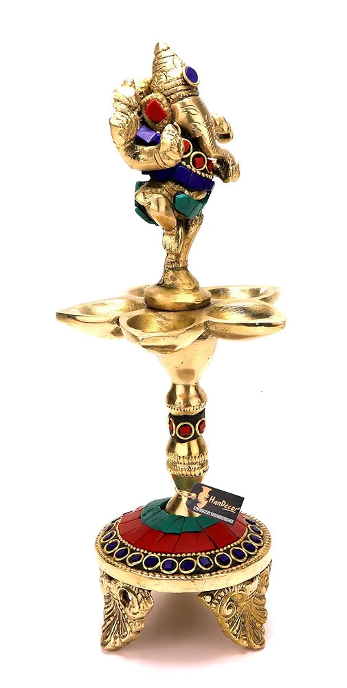 Two Moustaches Gemstone Work Dancing Ganesha Over Ethnic Legs Five Oil Wick Brass Diya