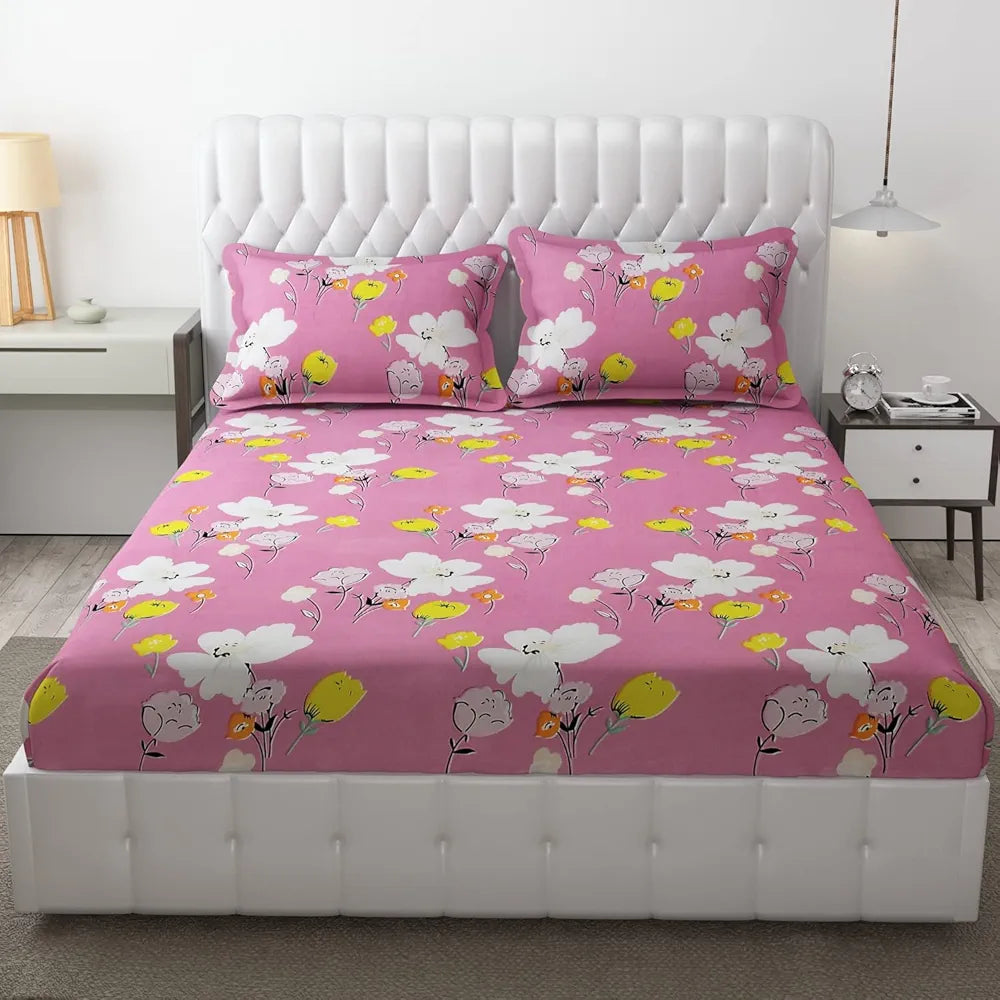 Fresh From Loom Elastic Fitted Floral Bed Sheets Bed Covers Soft Glace Cotton Fitted Bedsheet King Size Bed With Two Pillow Cover,144 TC Punch Pink