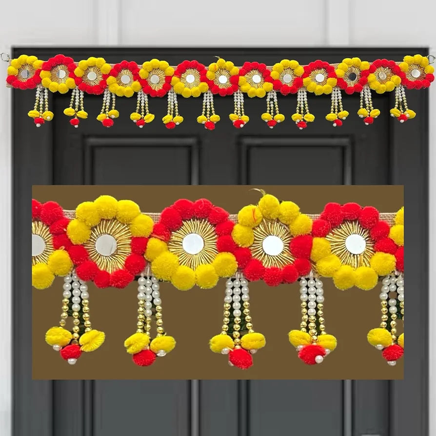 Pom Pom Toran 40 Inch Yellow & Red Decorative Jute Door Toran with Beads Jute Patta With Pom Pom Toran