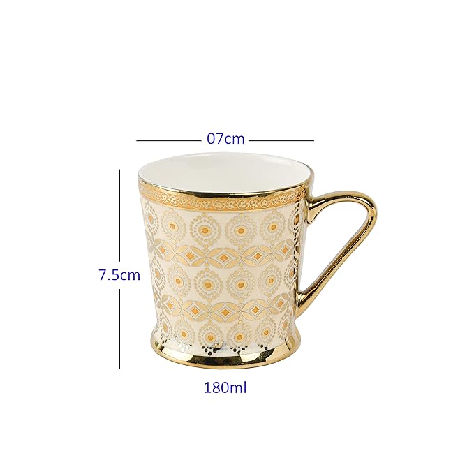 Femora Traditional Circles With Leaves Pattern Golden Tea Mugs | Coffee Mugs | 180 Ml | Golden | 6 Pcs Set | Not Microwave Safe