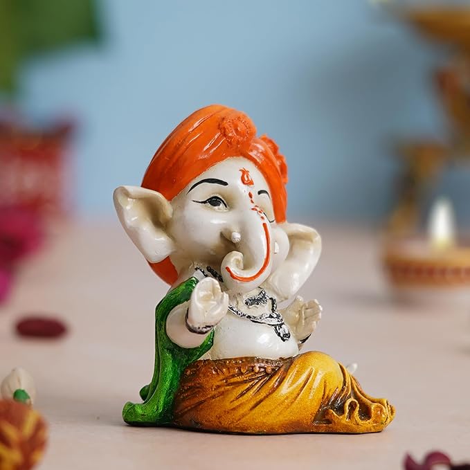 Ecraftindia Orange Polyresin Handcrafted Dancing Lord Ganesha Idol While Sitting | God Idol