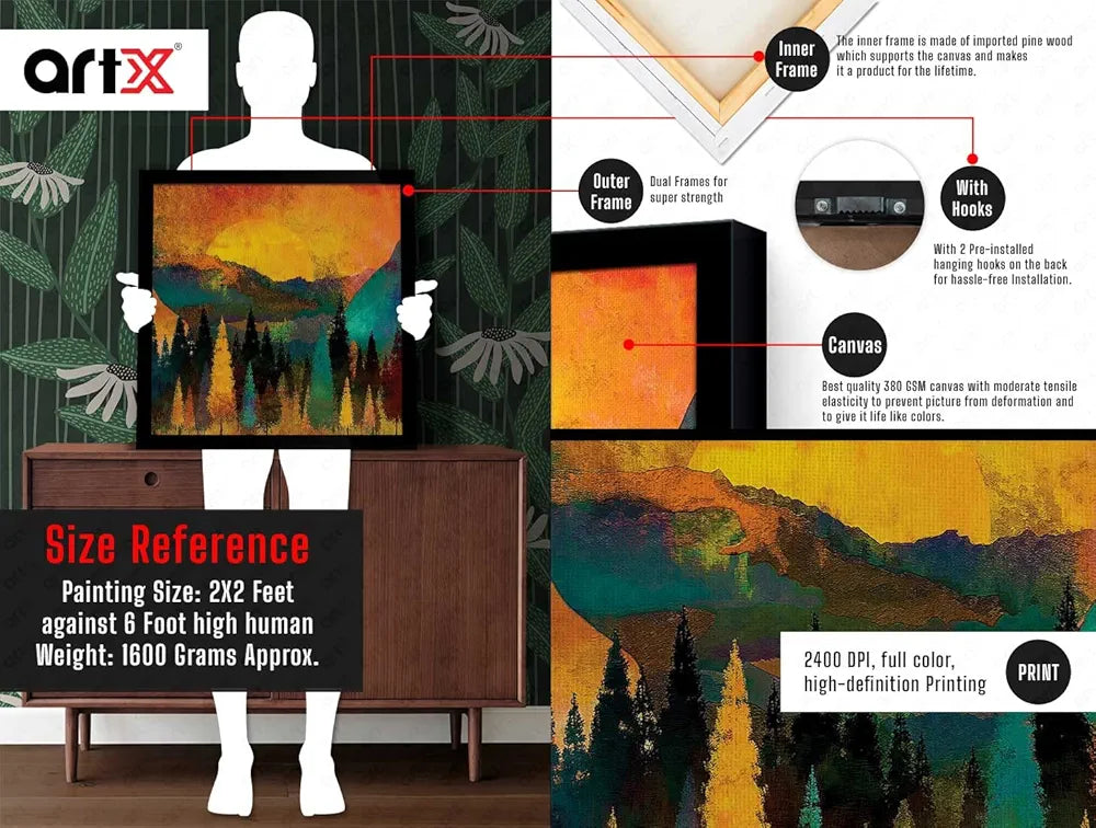 ArtX Forest Tree Sunset Big Canvas Painting For Bedroom and Living Room With Frame