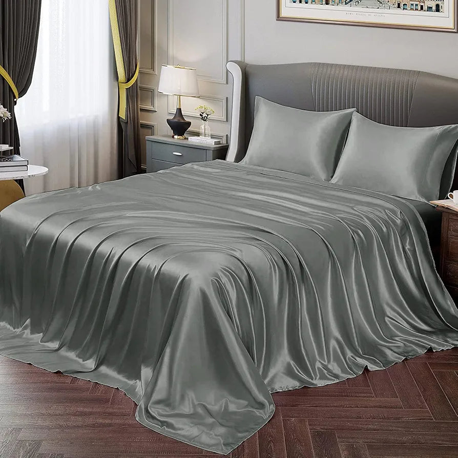 Cloth Fusion Satin Bedsheet for Queen Size Bed Set of 1 Satin Sheet 2 Pillow Covers Silver