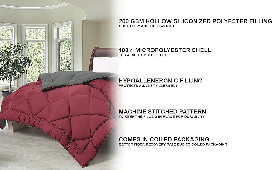 Cloth Fusion Reversible AC Comforter Set Double Bed Soft Microfibre King Size Quilt Blanket for Winter Grey & Maroon