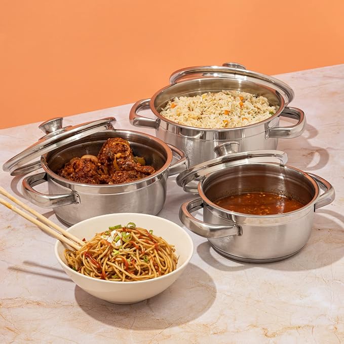 Vinod Bremen Stainless Steel Saucepot Set of 3 with Glass Lid | 2.5mm Thick Base | Riveted Sturdy Handle
