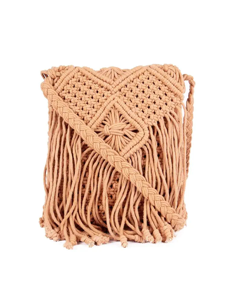 Astrid Handmade Macrame Flap Over Sling Bag For Girls And Women Colour Dusky Brown