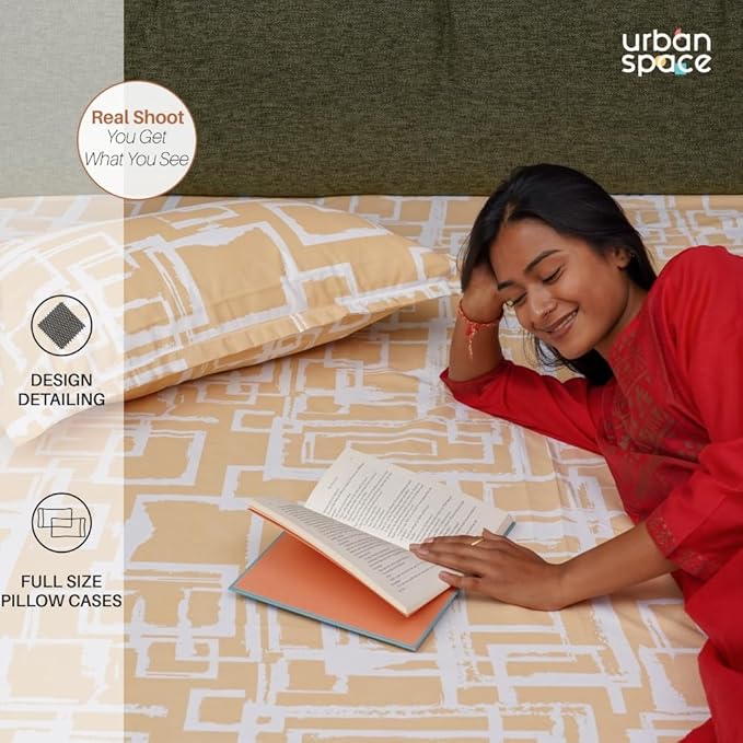 Urban Space Serene Bedsheet for Double Bed 2 Pillow Covers (Colour Checkers Soft Brown)
