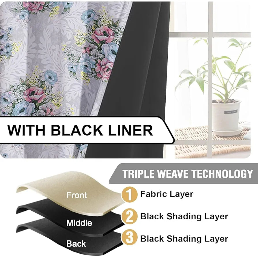 Cloth Fusion Blackout Printed Premium Door Curtains 9 Feet Long Set of 2 Ivory Bouquet