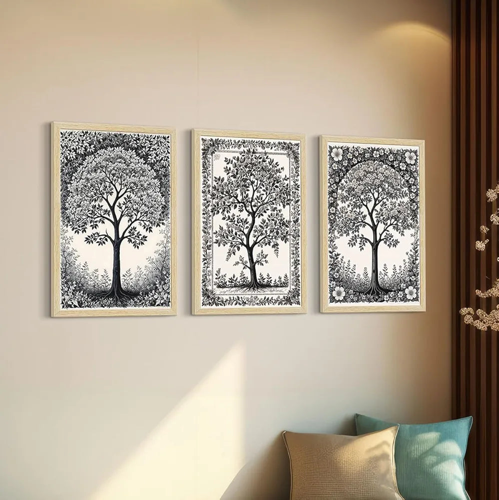 ArtX Paper Monochrome Paintings with Frame Black and White Set of 3