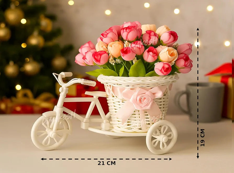 Artificial Peony Bunches Flower Basket with Decorative Tricycle Planter