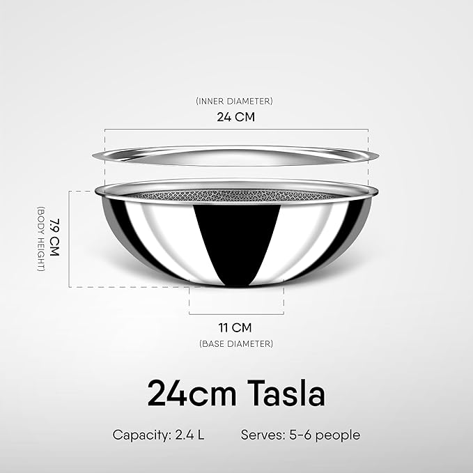 Stahl Artisan Hybrid Triply Non Stick Tasla With Lid | Stainless Steel Kadai/ Tasla for Cooking | 2.4 L | 24 Cm