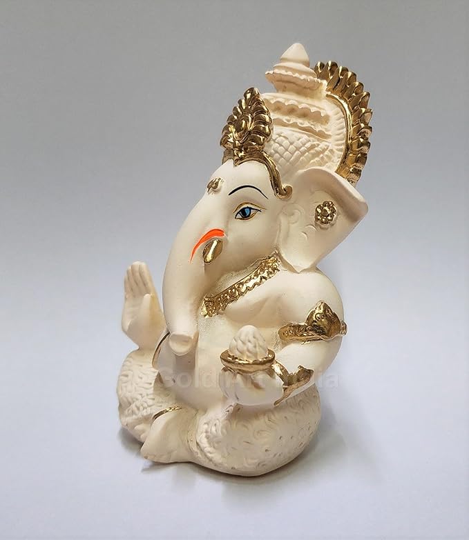 Gold Art India Peach Ivory Finish Ganesha Idol Car Dashboard Idol Ganesha Murti