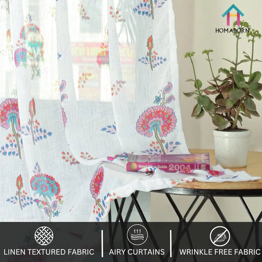 Homadorn Linen Sheer Printed Semi Transparent Curtains for Window Set of 2 Pink Flower