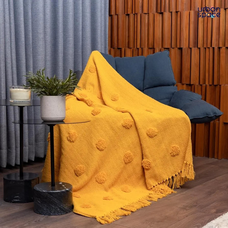 Urban Space Handmade Pure Cotton Sofa Throw Blanket, Soft Decorative Throw for Living Room, Sofa, Chair and Couch, Reversible and Breathable Throw Mustard Colour