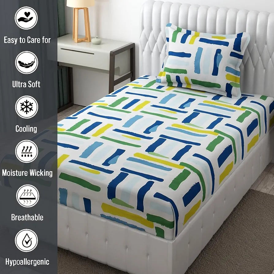 Fresh From Loom Microfiber Rotary Printed Bed Sheet Set Single Size with 1 Pillow Covers 144 TC Multi Line