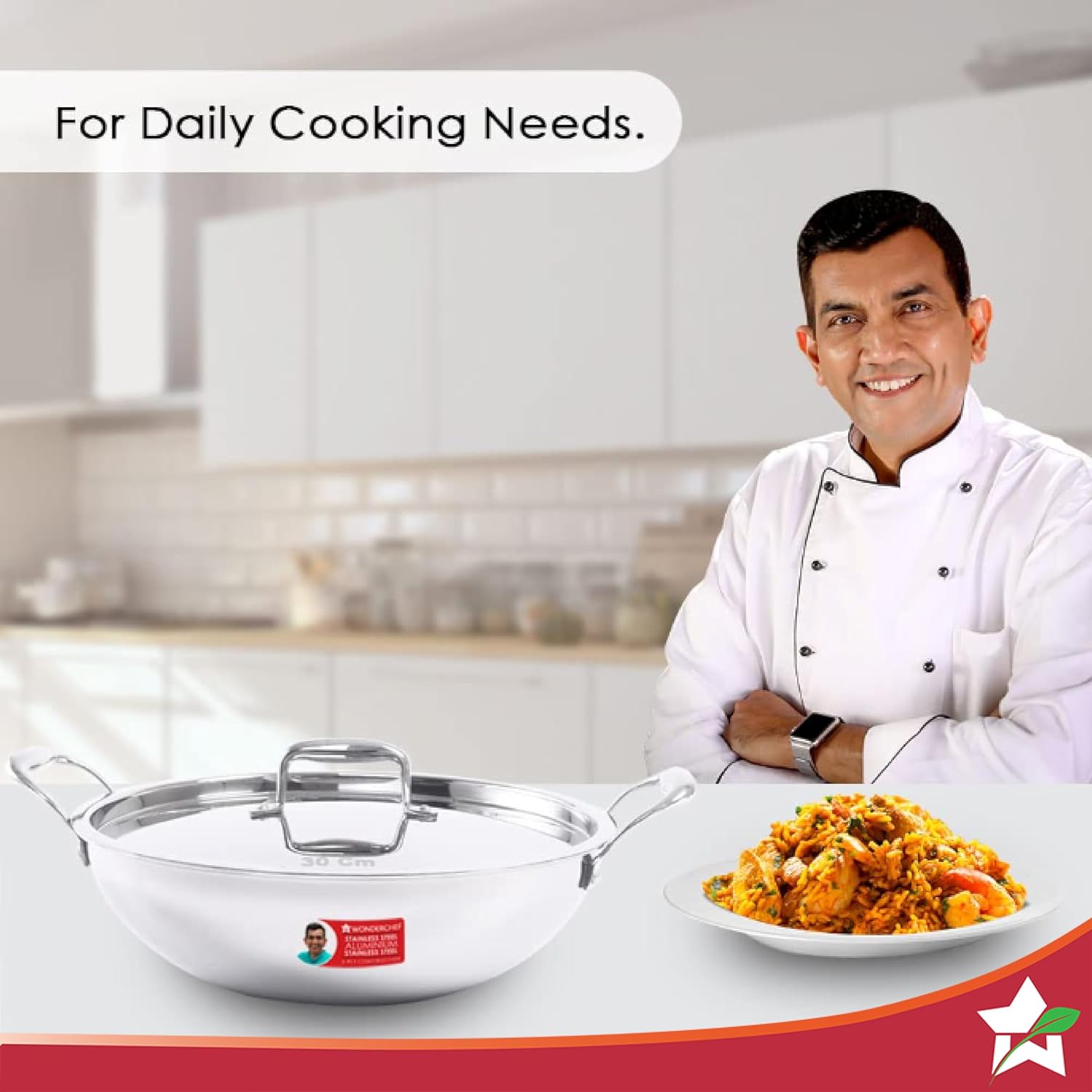 Wonderchef Nigella Tri-ply Stainless Steel 30 cm Kadhai with Lid