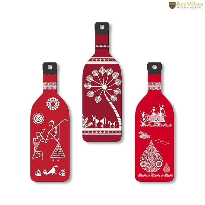 Artvibes Tribal Warli Art Wooden Wall Hanging for Home Decor | Set of 3